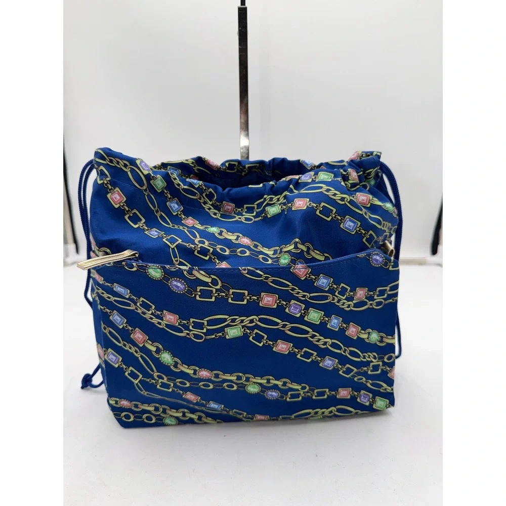 Blue Gemstone and Gold Chain Print Drawstring Pouch Bag with Zipper Pocket